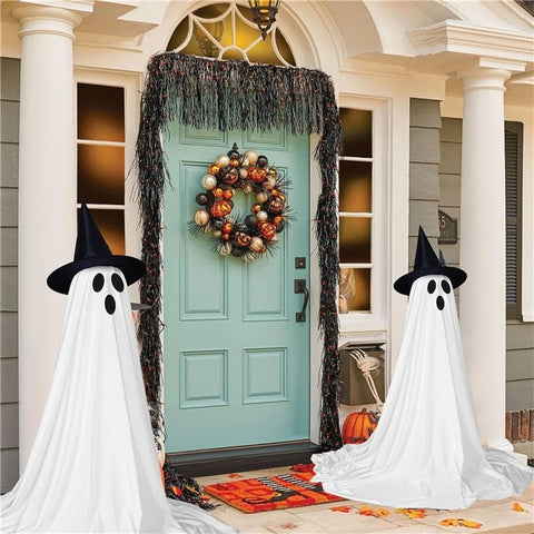 2Pcs Halloween Outdoor Ghost Decoration with String Lights, Adjustable Height for Front Door, Porch, and Yard