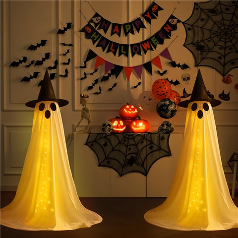 2Pcs Halloween Outdoor Ghost Decoration with String Lights, Adjustable Height for Front Door, Porch, and Yard