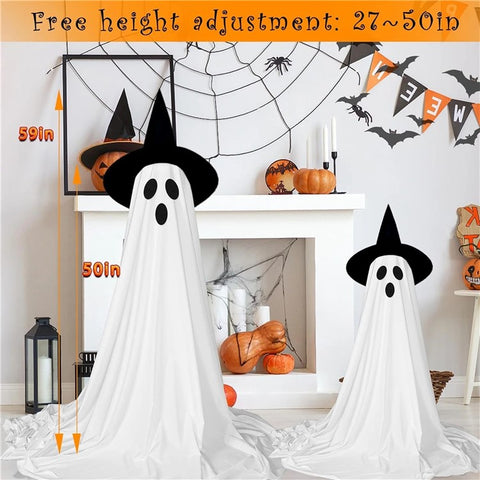 2Pcs Halloween Outdoor Ghost Decoration with String Lights, Adjustable Height for Front Door, Porch, and Yard