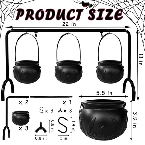 Halloween Decor 3 Sets Witches Cauldron Serving Bowls on Rack Black Plastic Candy Bucket for Home Kitchen