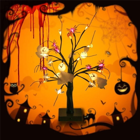 24 LEDs Halloween Tree Pumpkin Ghost Spider Light Birch Tree Battery USB Powered Party Decor
