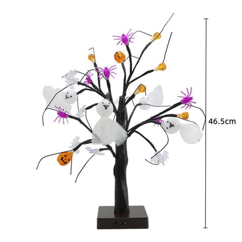 24 LEDs Halloween Tree Pumpkin Ghost Spider Light Birch Tree Battery USB Powered Party Decor