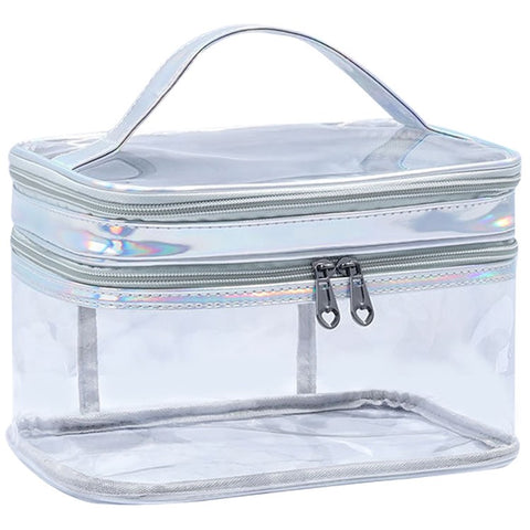 Laser PU Leather + Transparent PVC Double Layer Cosmetic Bag Makeup Bag Waterproof Travel Toiletry Bag