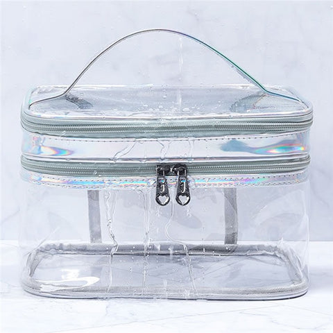 Laser PU Leather + Transparent PVC Double Layer Cosmetic Bag Makeup Bag Waterproof Travel Toiletry Bag