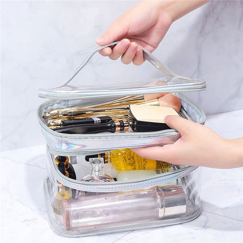 Laser PU Leather + Transparent PVC Double Layer Cosmetic Bag Makeup Bag Waterproof Travel Toiletry Bag