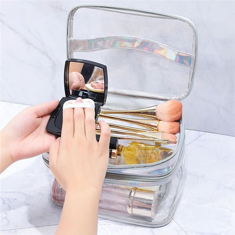 Laser PU Leather + Transparent PVC Double Layer Cosmetic Bag Makeup Bag Waterproof Travel Toiletry Bag