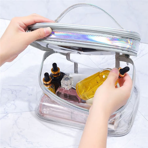 Laser PU Leather + Transparent PVC Double Layer Cosmetic Bag Makeup Bag Waterproof Travel Toiletry Bag