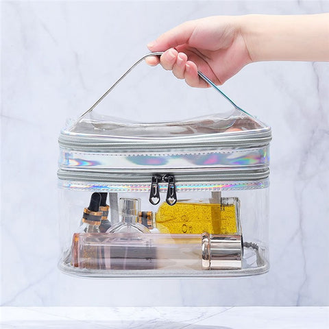 Laser PU Leather + Transparent PVC Double Layer Cosmetic Bag Makeup Bag Waterproof Travel Toiletry Bag