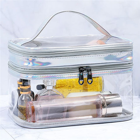 Laser PU Leather + Transparent PVC Double Layer Cosmetic Bag Makeup Bag Waterproof Travel Toiletry Bag