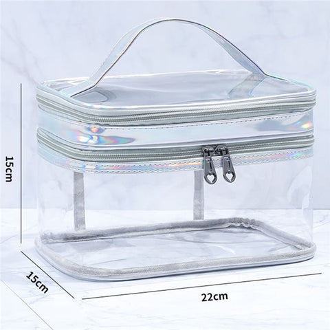 Laser PU Leather + Transparent PVC Double Layer Cosmetic Bag Makeup Bag Waterproof Travel Toiletry Bag