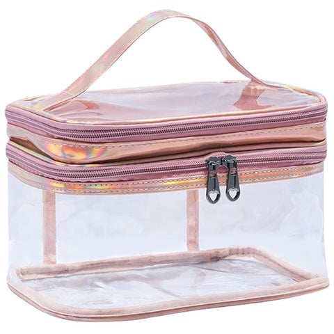 Laser PU Leather + Transparent PVC Double Layer Cosmetic Bag Makeup Bag Waterproof Travel Toiletry Bag