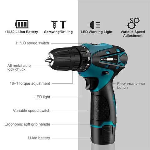 HILDA Cordless Electric Drill Screwdriver Rechargeable 12V Mini Drill Electric Screwdriver Tool with Plastic Box, EU Plug