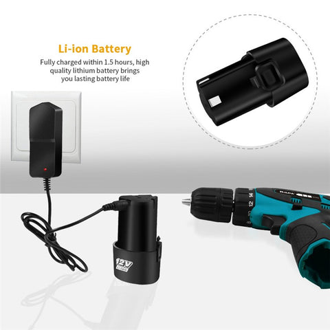 HILDA Cordless Electric Drill Screwdriver Rechargeable 12V Mini Drill Electric Screwdriver Tool with Plastic Box, EU Plug