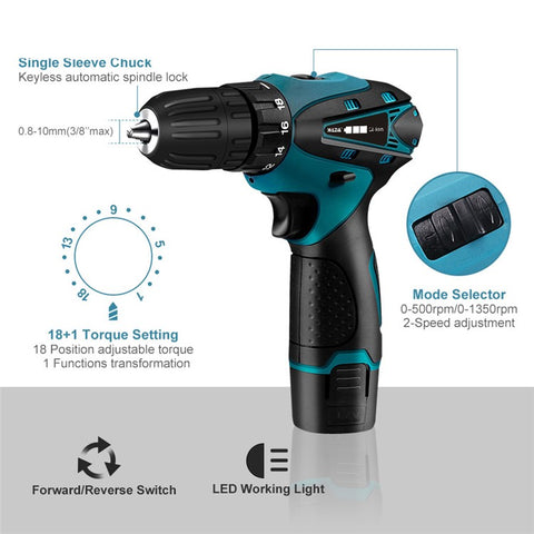 HILDA Cordless Electric Drill Screwdriver Rechargeable 16.8V Mini Drill Electric Screwdriver Tool, EU Plug