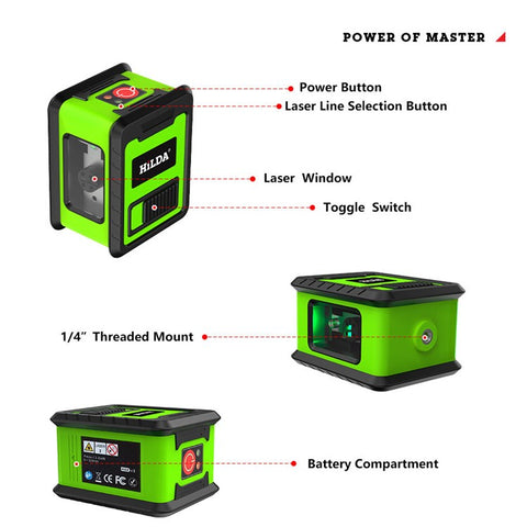 HILDA 2-Lines Cross Green Light Laser Level Meter Horizontal and Vertical Laser Self-Leveling Tool (with Wall Bracket and Storage Bag)