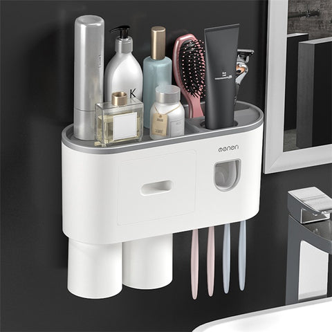 MENGNI Bathrooms Toothbrush Holder Wall Mounted 2 Cups Toothbrush Holder with Detachable Toothpaste Dispenser, 4 Brush Slot