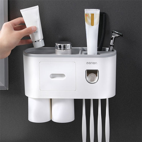 MENGNI Bathrooms Toothbrush Holder Wall Mounted 2 Cups Toothbrush Holder with Detachable Toothpaste Dispenser, 4 Brush Slot