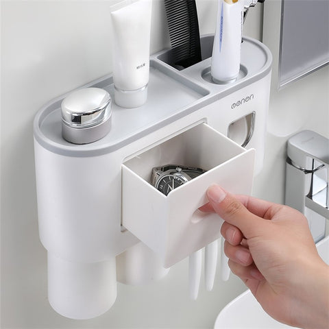 MENGNI Bathrooms Toothbrush Holder Wall Mounted 2 Cups Toothbrush Holder with Detachable Toothpaste Dispenser, 4 Brush Slot