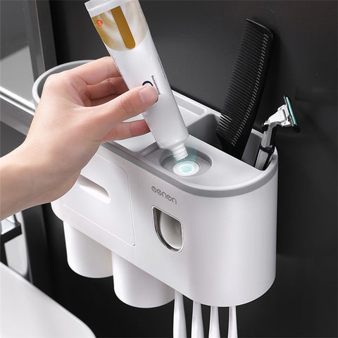 MENGNI Bathrooms Toothbrush Holder Wall Mounted 2 Cups Toothbrush Holder with Detachable Toothpaste Dispenser, 4 Brush Slot
