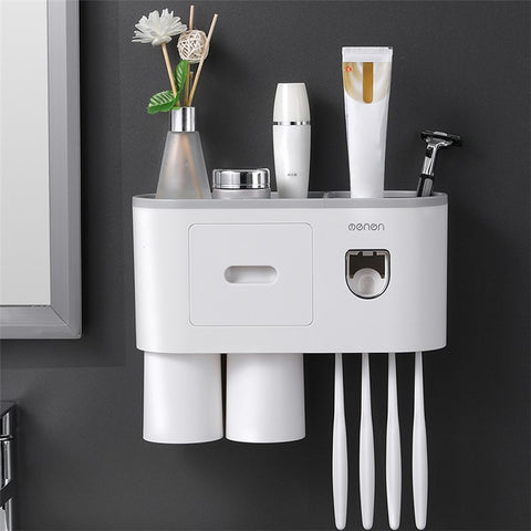 MENGNI Bathrooms Toothbrush Holder Wall Mounted 2 Cups Toothbrush Holder with Detachable Toothpaste Dispenser, 4 Brush Slot