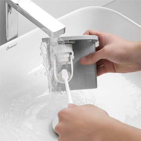 MENGNI Bathrooms Toothbrush Holder Wall Mounted 2 Cups Toothbrush Holder with Detachable Toothpaste Dispenser, 4 Brush Slot