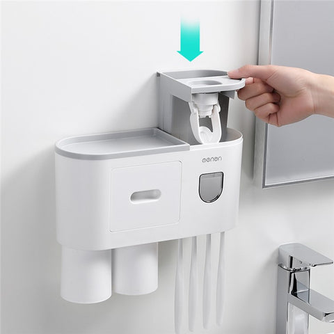 MENGNI Bathrooms Toothbrush Holder Wall Mounted 2 Cups Toothbrush Holder with Detachable Toothpaste Dispenser, 4 Brush Slot