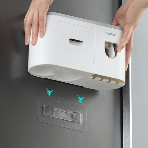 MENGNI Bathrooms Toothbrush Holder Wall Mounted 2 Cups Toothbrush Holder with Detachable Toothpaste Dispenser, 4 Brush Slot