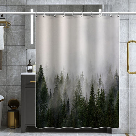 LB-344 180x180cm Mist Pine Forest Pattern Bath Curtain Waterproof Polyester Shower Curtains