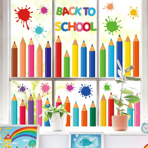 KXJ23003 9Pcs Window Clings Pencil Design Double-Sided Stickers Colorful Back to School Classroom Decals