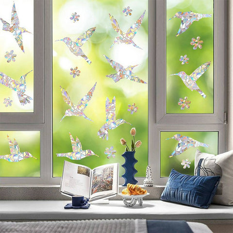 LS23023 2Pcs ?Rainbow Hummingbird Window Static Cling Decals Bird Protection Anti Collision Glass Stickers