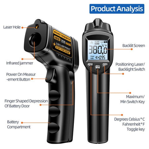 ANENG TH103 Digital Infrared Thermometer Temperature Gun -20 - 380 Degrees Celsius Handheld Non Contact Reverse Screen Industrial Tool
