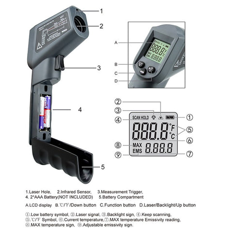 KAEMEASU KM-380AH Non-contact Industrial Infrared Thermometer Temperature Measuring Gun