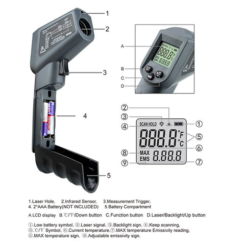 KAEMEASU KM-550AH Non-contact Temperature Measuring Gun Industrial Infrared Thermometer