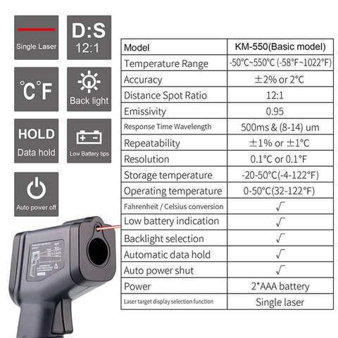 KAEMEASU KM-550AH Non-contact Temperature Measuring Gun Industrial Infrared Thermometer