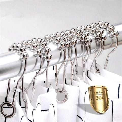 12Pcs Gourd Shaped Ring Stainless Steel 5-Beads Roller Ball Shower Curtain Hook