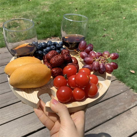 Outdoor Wine Picnic Table 30x16cm Folding Portable Wooden Snack and Cheese Tray with 4 Wine Glasses Holder