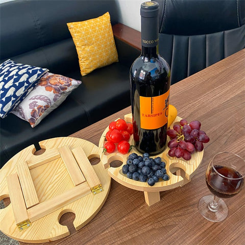 Outdoor Wine Picnic Table 30x16cm Folding Portable Wooden Snack and Cheese Tray with 4 Wine Glasses Holder