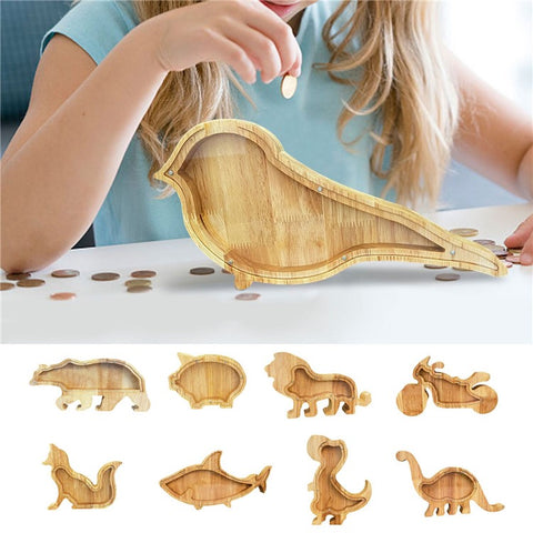 Creative Wooden Animal Piggy Bank Transparent Animal Coin Collect Box Piggy for Kids Gift