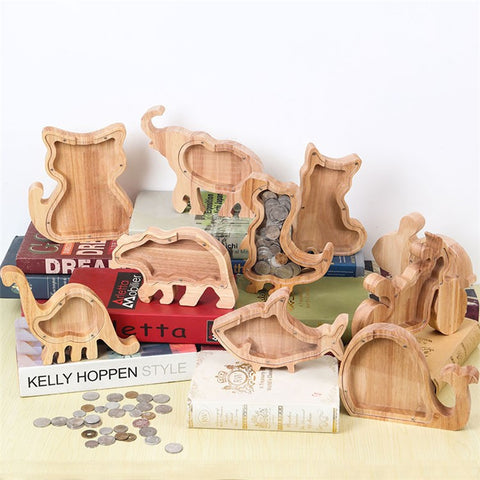 Creative Wooden Animal Piggy Bank Transparent Animal Coin Collect Box Piggy for Kids Gift