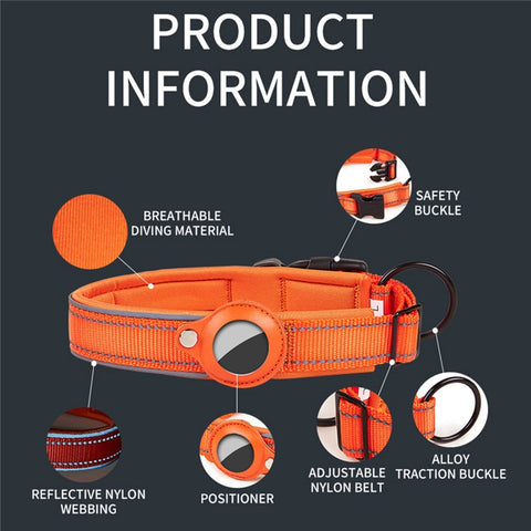 Reflective PU Leather Pet Dog Collar for AirTag Bluetooth-compatible Tracker Holder Case, Size: L
