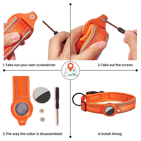 Reflective PU Leather Pet Dog Collar for AirTag Bluetooth-compatible Tracker Holder Case, Size: L