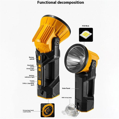 Rotatable Head Solar Powered P50 Flashlight RGB Handheld Lantern Camping Search Light