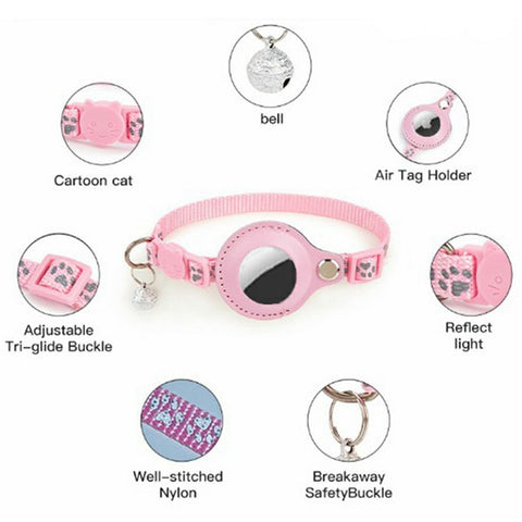 For AirTag Tracker Pet Collar Reflective Paw Print PU Leather Protective Case with ID Address Tag