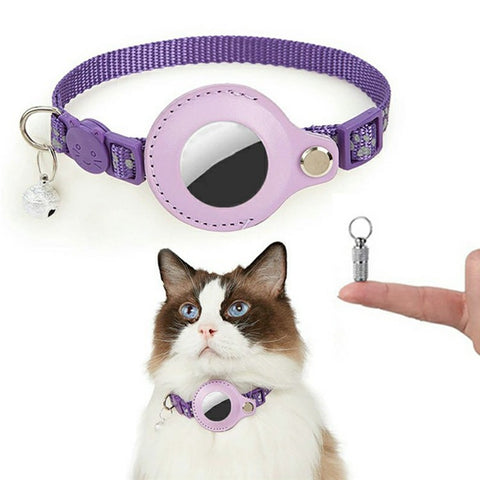 For AirTag Tracker Pet Collar Reflective Paw Print PU Leather Protective Case with ID Address Tag