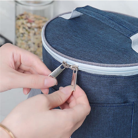 Round Stretchable Oxford Cloth Insulated Lunch Box Bag Bento Carrying Bag