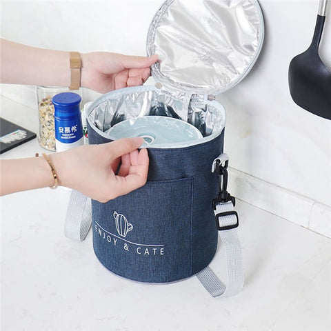 Round Stretchable Oxford Cloth Insulated Lunch Box Bag Bento Carrying Bag