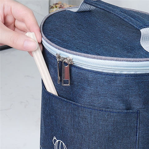 Round Stretchable Oxford Cloth Insulated Lunch Box Bag Bento Carrying Bag