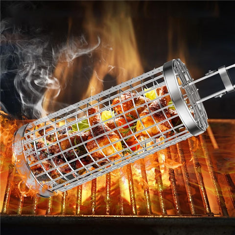Stainless Steel Grill Basket with Wood Handle Scald Proof BBQ Rolling Grilling Basket (BPA Free, No FDA)