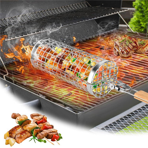 Stainless Steel Grill Basket with Wood Handle Scald Proof BBQ Rolling Grilling Basket (BPA Free, No FDA)