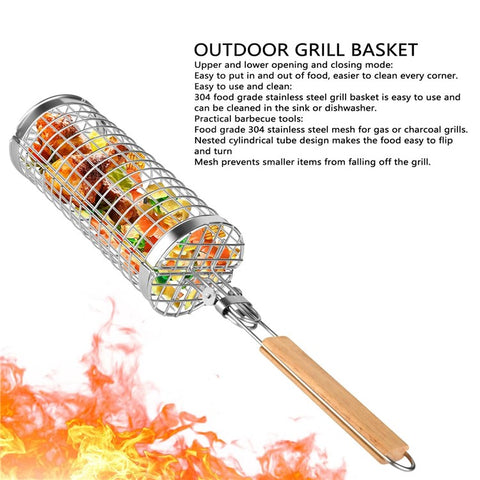 Stainless Steel Grill Basket with Wood Handle Scald Proof BBQ Rolling Grilling Basket (BPA Free, No FDA)